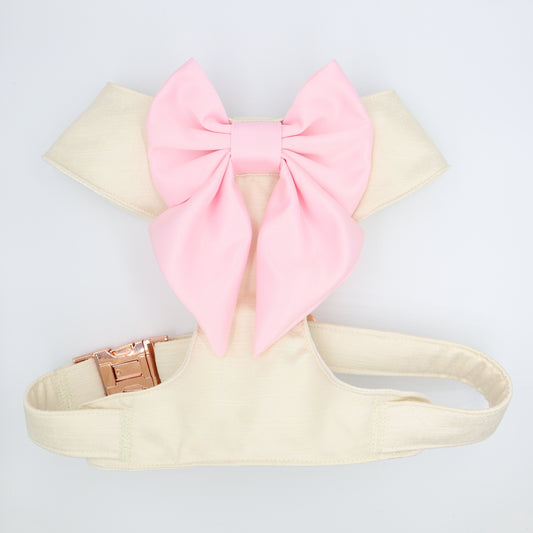 Wedding Dog Harness in Ivory Shot Silk Satin with Light Pink Sailor Bow CHOICE of COLOURS