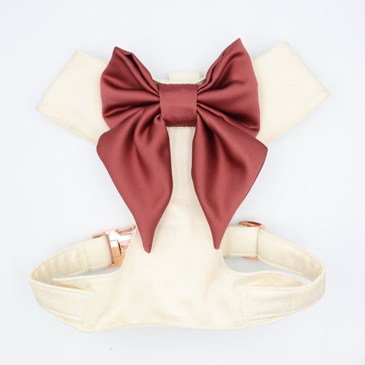 Wedding Dog Harness in Ivory Shot Silk Satin with Berry Sailor Bow CHOICE of COLOURS