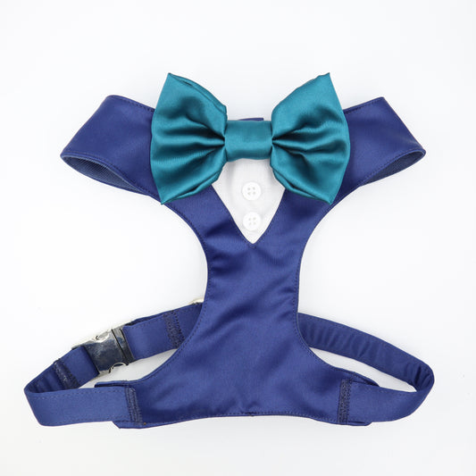 Tuxedo Wedding Dog Harness in Navy Blue Silk Satin with Teal 2 Bow CHOICE of COLOURS