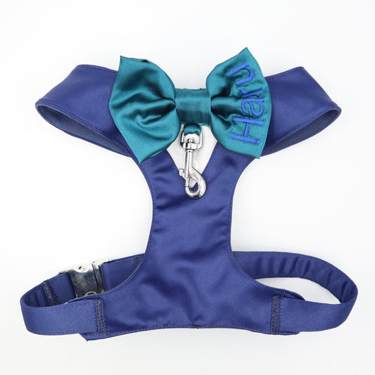 Tuxedo Wedding Dog Harness in Navy Blue Silk Satin with Teal 2 Bow CHOICE of COLOURS & Ring Clip