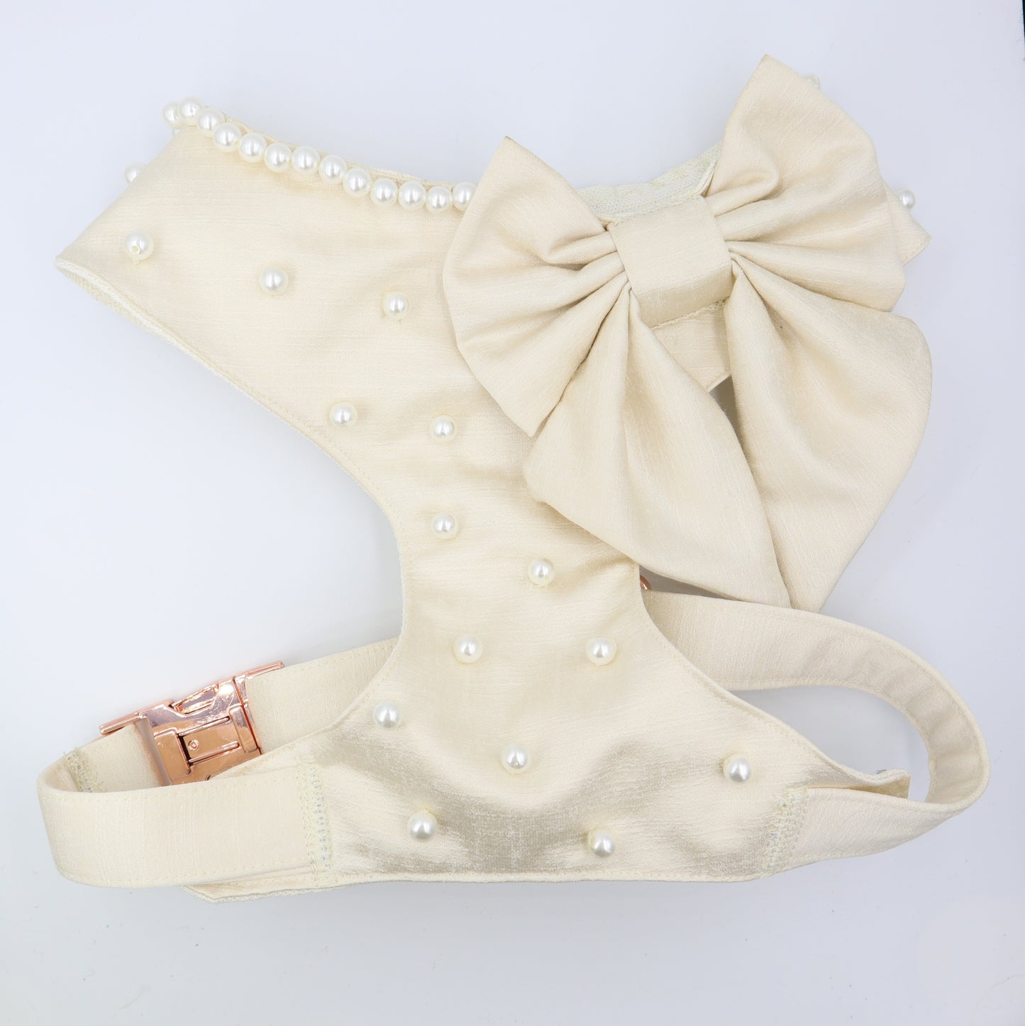 Wedding Dog Harness in Ivory Shot Silk Satin with Sailor Bow and Pearls CHOICE of COLOURS