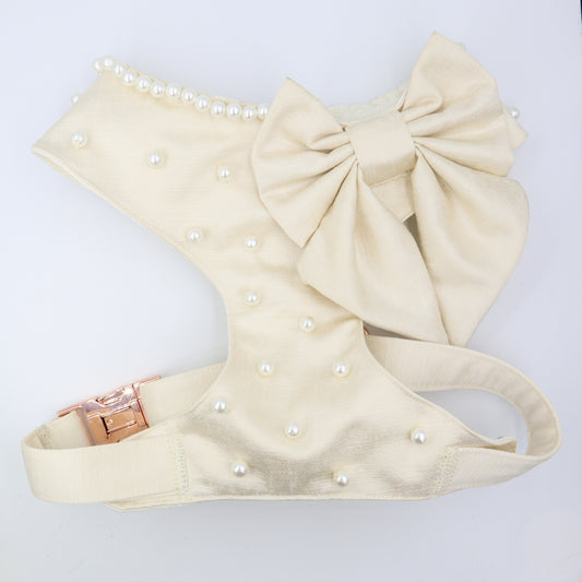 Wedding Dog Harness in Ivory Shot Silk Satin with Sailor Bow and Pearls CHOICE of COLOURS
