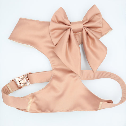 Wedding Dog Harness in Rose Gold Silk Satin with Sailor Bow CHOICE of COLOURS