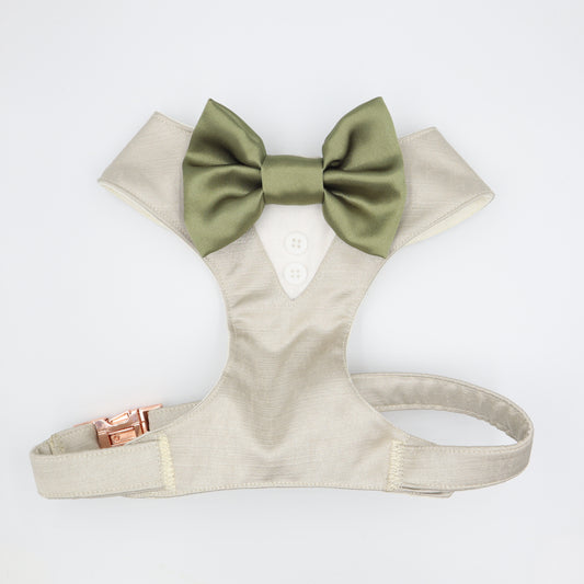 Tuxedo Wedding Dog Harness in Beige Silk Satin with Sage Green Bow CHOICE of COLOURS