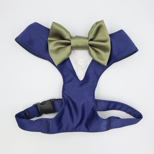 Tuxedo Wedding Dog Harness in a Navy Silk Satin with Sage Bow CHOICE of COLOURS