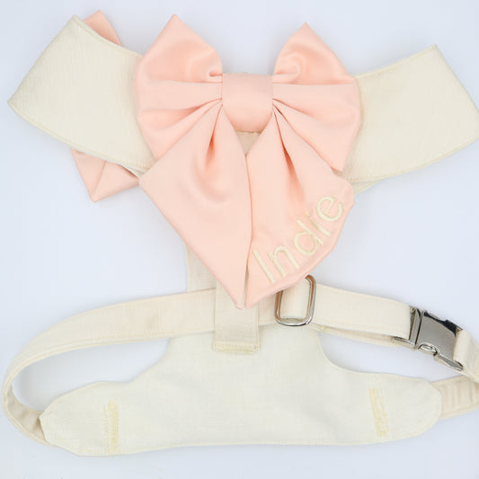 Wedding Dog Harness in Ivory Satin with Blush Front & Back Sailor Bow CHOICE of COLOURS
