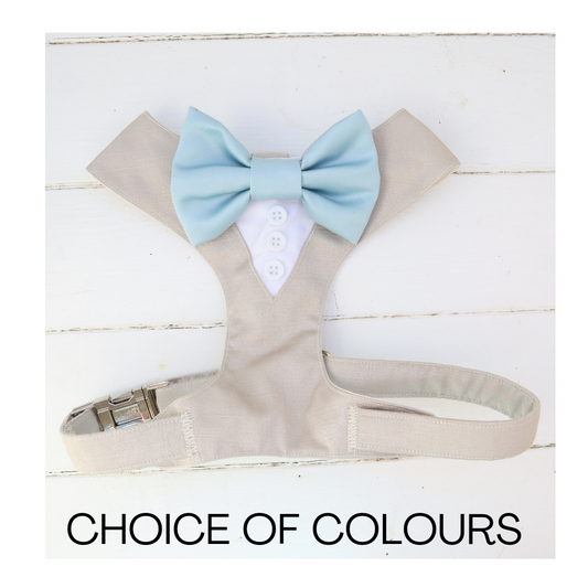 Tuxedo Wedding Dog Harness in Beige Natural Shot Silk Satin with Dusty Blue Bow CHOICE of COLOURS