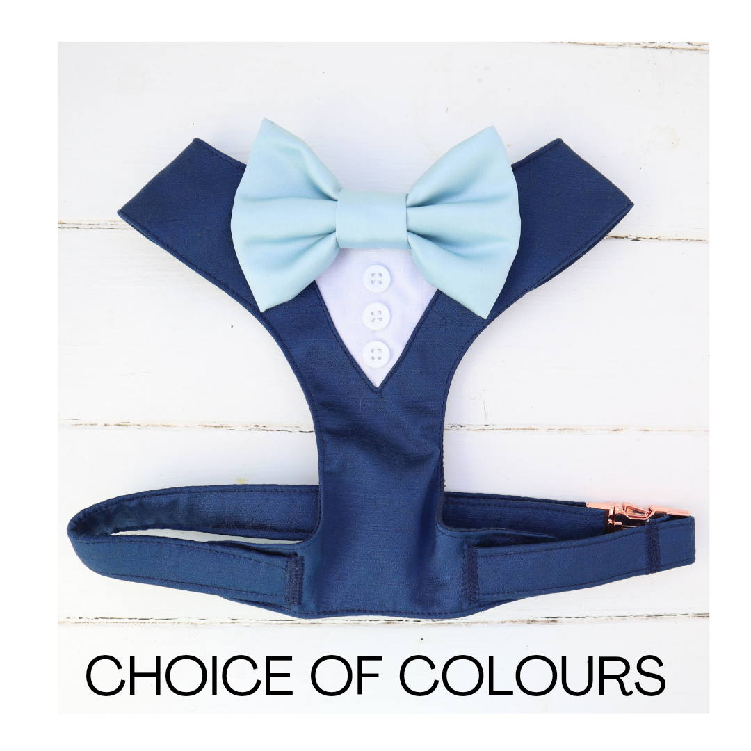Tuxedo Wedding Dog Harness in Navy Blue Shot Silk Satin with Dusty Blue Bow CHOICE of COLOURS