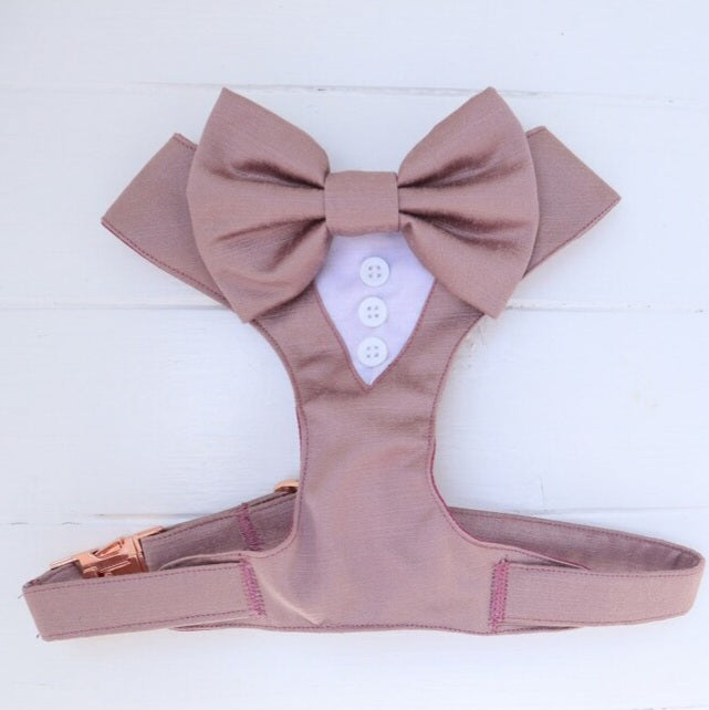 Tuxedo Wedding Dog Harness in Dusty Dusky Pink Shot Silk Satin with Matching Bow CHOICE of COLOURS