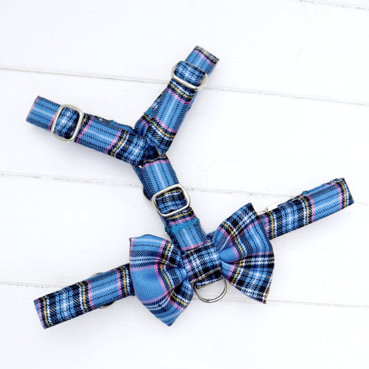 Dog Harness in Blue Plaid Tartan Fabric Cute Bow