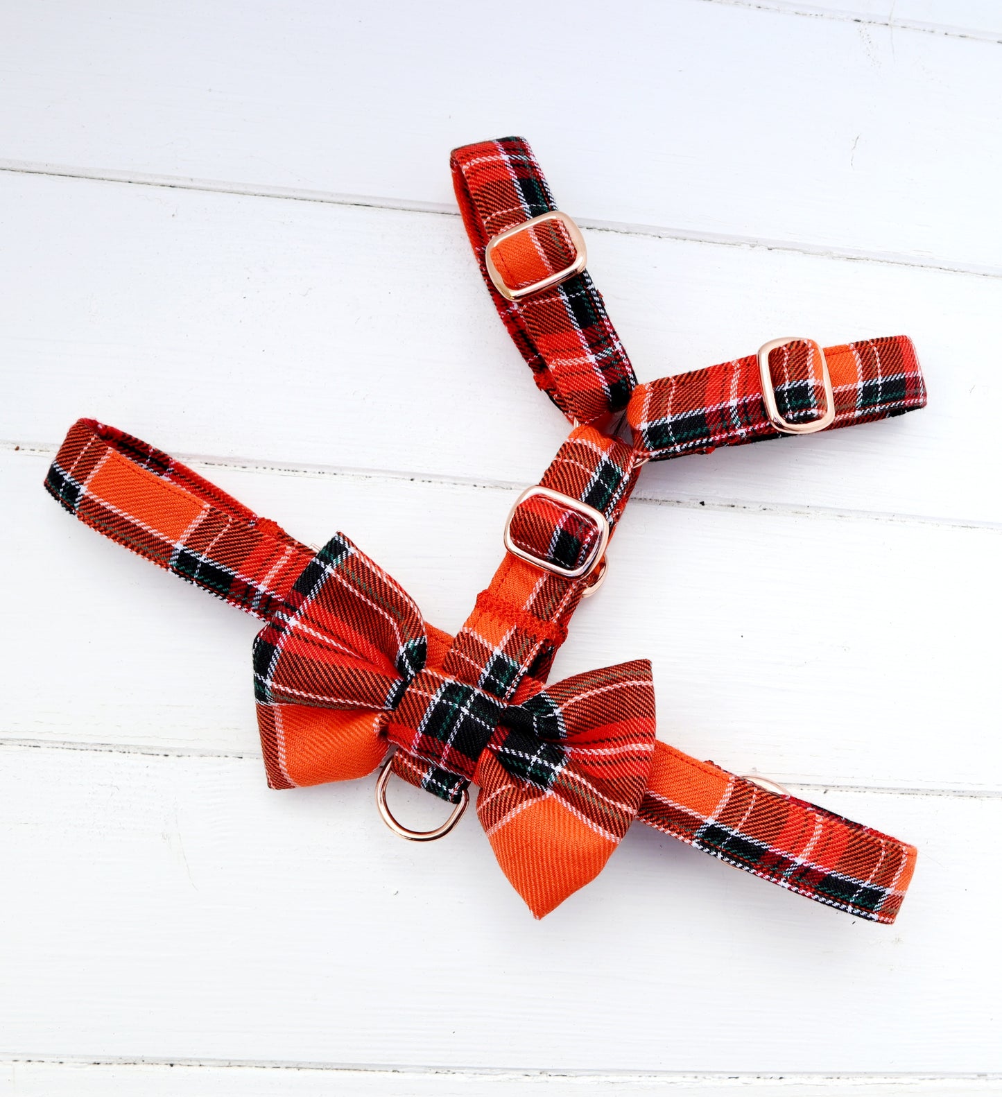 Dog Harness in Orange Plaid Tartan Fabric Cute Bow