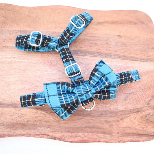 Dog Harness in Blue Plaid Tartan Fabric Cute Bow with Silver and Gold Sparkle