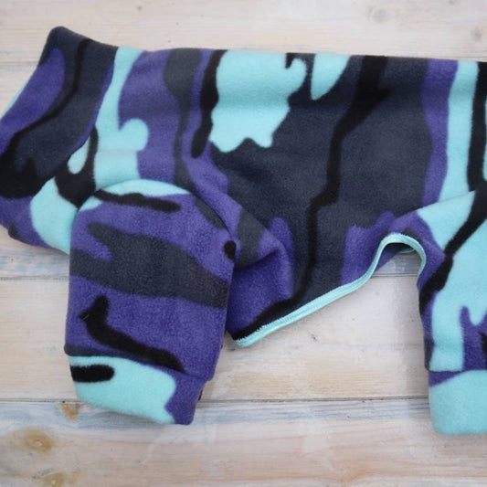 Dog Fleece Suit in a Blue Camo Army Camouflage Design