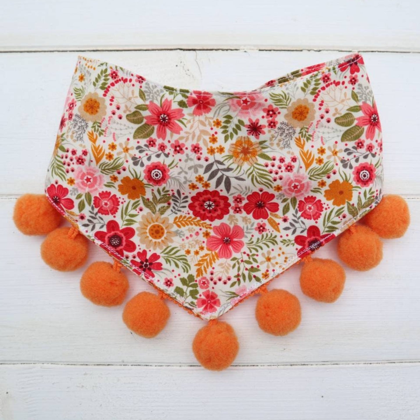 Dog Bandana Orange Floral Fabric with Pom Pom Trim Dog Birthday Gift Tie on Bandana