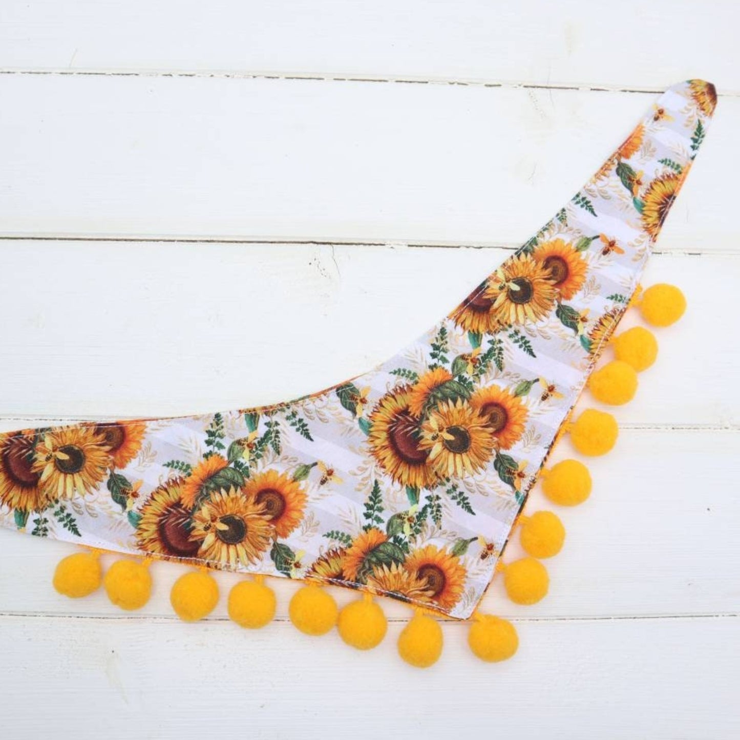 Dog Bandana Sunflower Yellow Floral Fabric with Pom Pom Trim Dog Birthday Gift Tie on Bandana