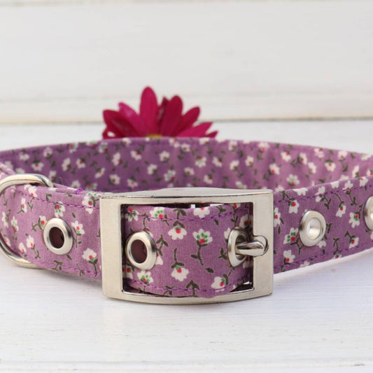 Belt Buckle Dog Collar in Mauve Purple Disty Floral Design Traditional Metal Buckle