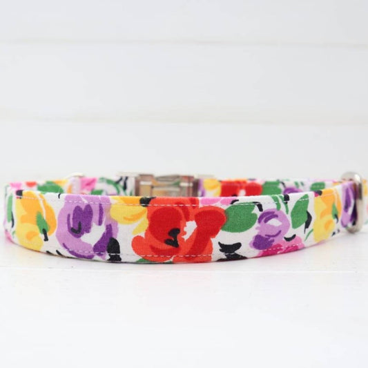 Dog Collar in Bright Red Pink Yellow Purple Floral Design Summer