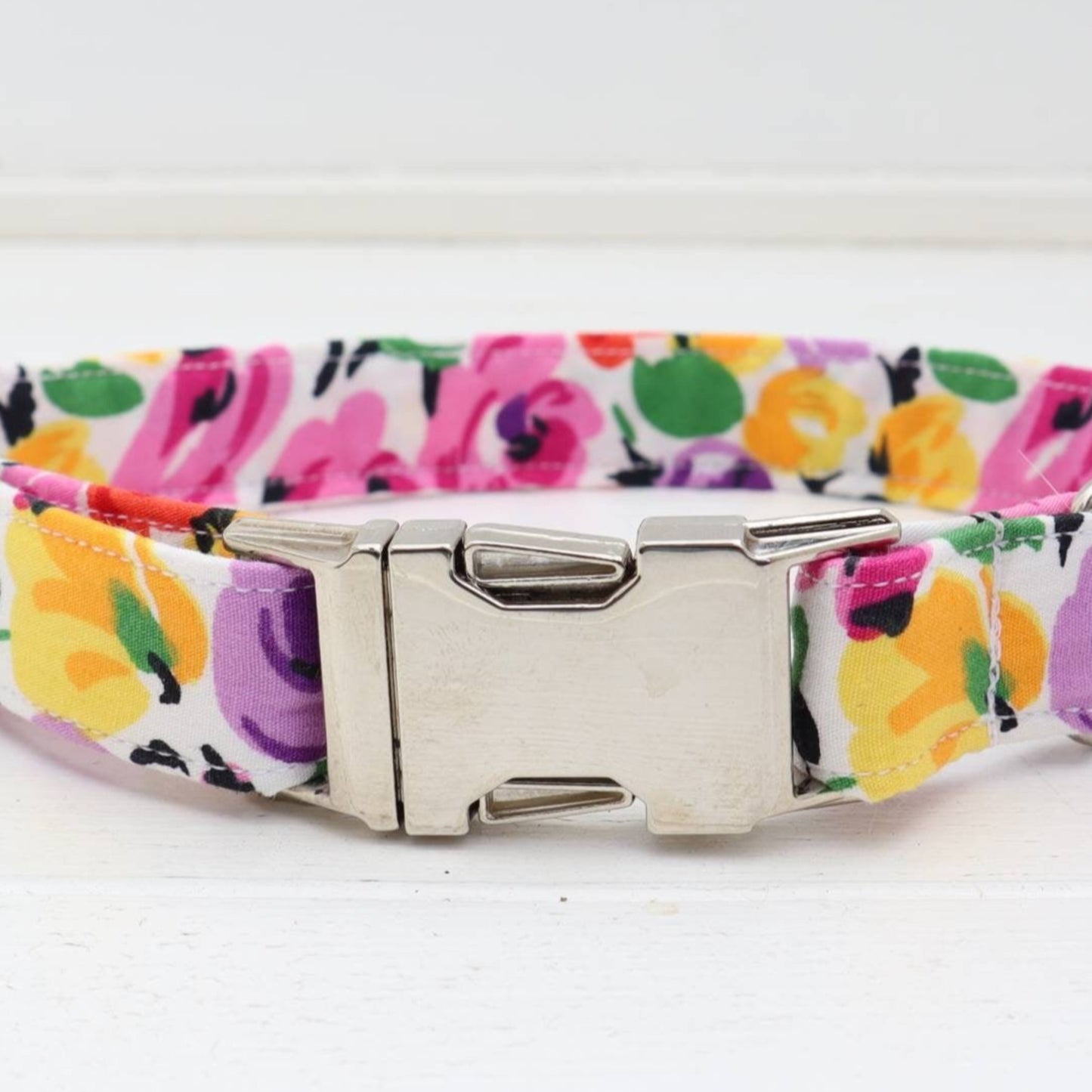 Dog Collar in Bright Red Pink Yellow Purple Floral Design Summer