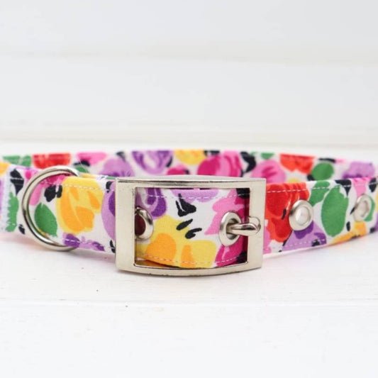 Belt Buckle Dog Collar in Bright Pink Purple Yellow Red Floral Design Traditional Metal Buckle