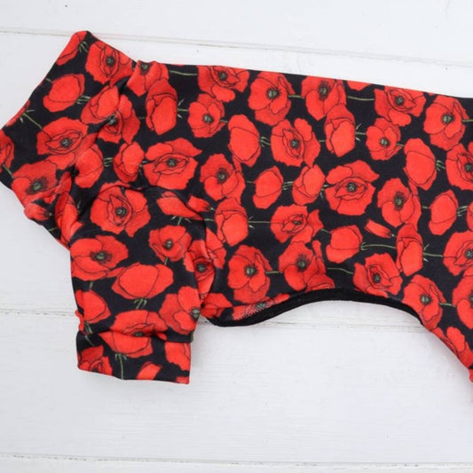 Dog Suit a Cute Red Poppy Floral Lightweight Poly Jersey